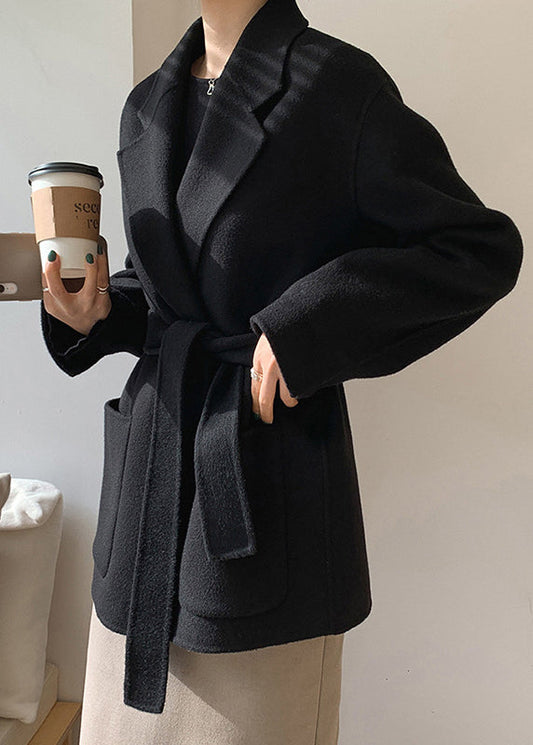 Diy Black Notched Tie Waist Woolen Coats Fall