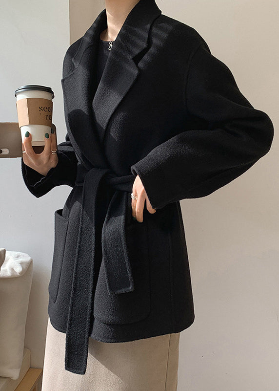 Diy Black Notched Tie Waist Woolen Coats Fall