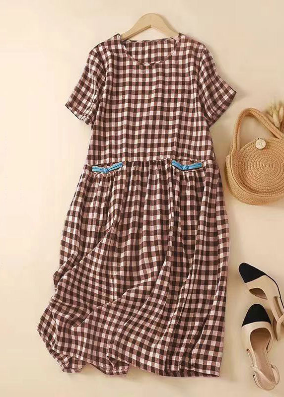 Black Plaid O-neck Patchwork Cotton Mid Dress Summer