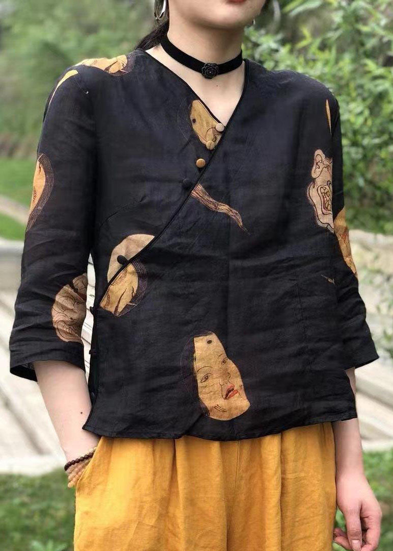Black Button Print Linen Shirt Top Half Sleeve