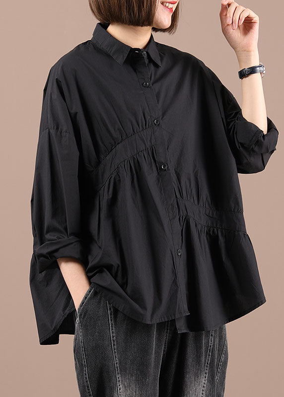 Italian Black Peterpan Collar Wrinkled Button Fall Shirt Long Sleeve