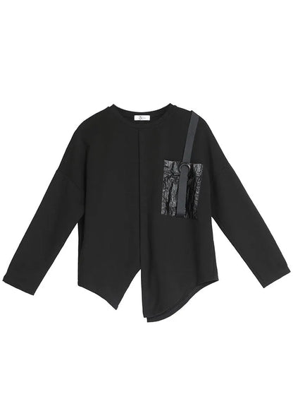 French Black O-neck Pockets Asymmetrical Fall Long Sleeve Tops