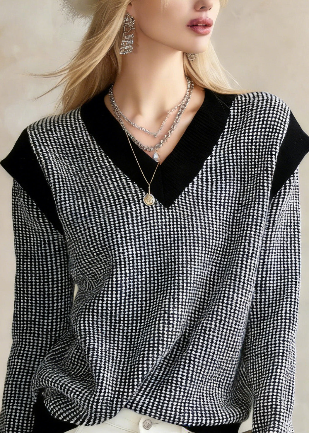 Black V Neck Plaid Knit Sweater Tops Winter
