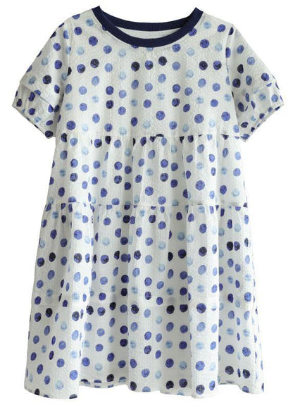 Classy White Dot Print Summer Cotton Dress Short Sleeve