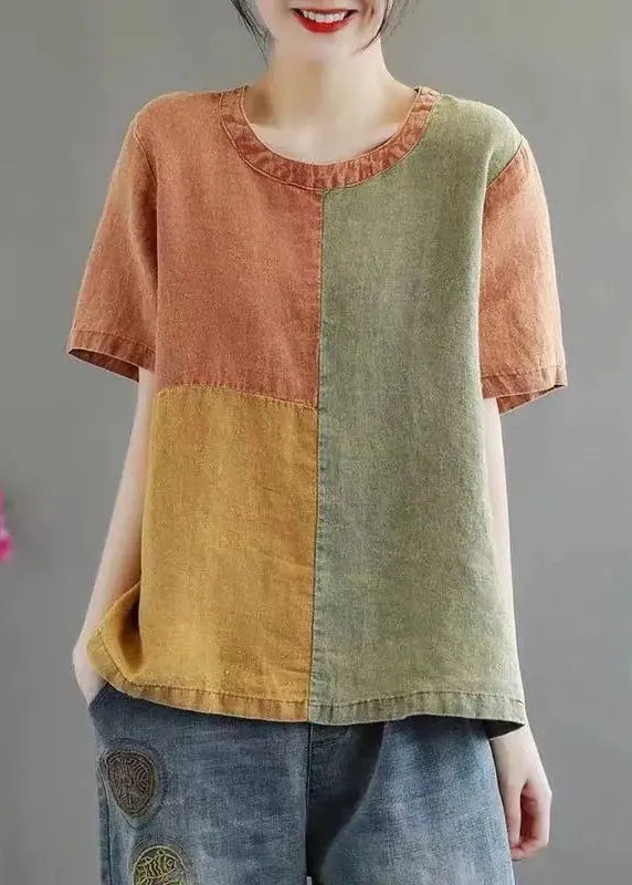 Khaki O Neck Patchwork Cotton Top Short Sleeve