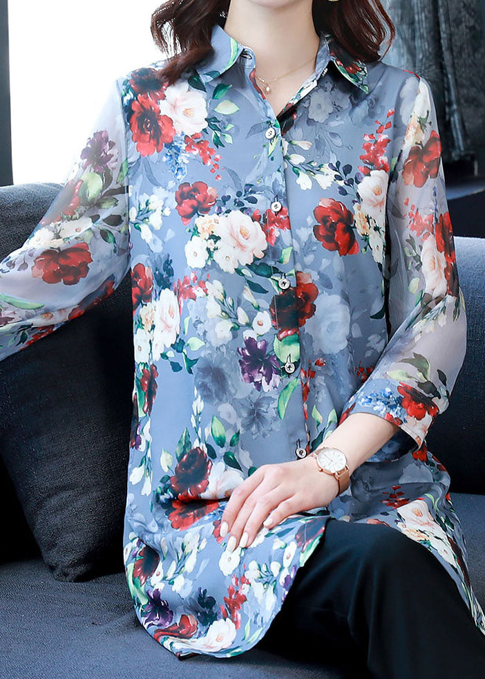 Classy Blue Peter Pan Collar Print Chiffon Long Shirt Bracelet Sleeve