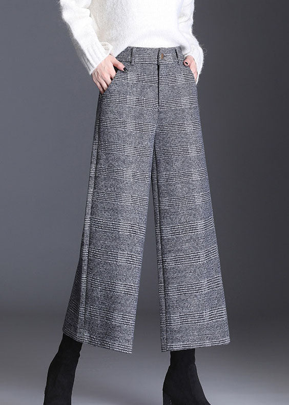 Italian Grey Plaid Pockets Straight Fall Pants