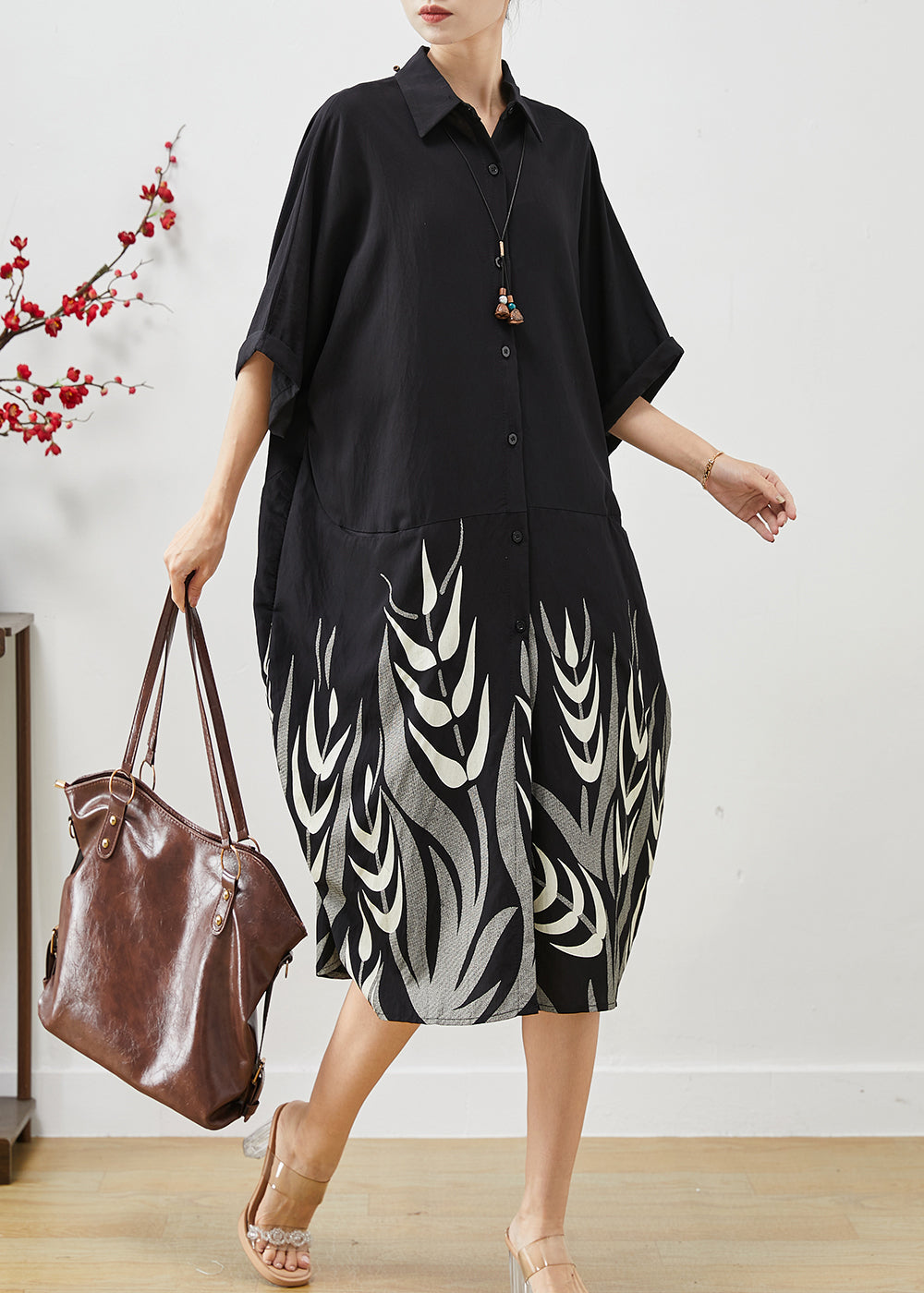 Black Print Patchwork Shirt Dress Summer
