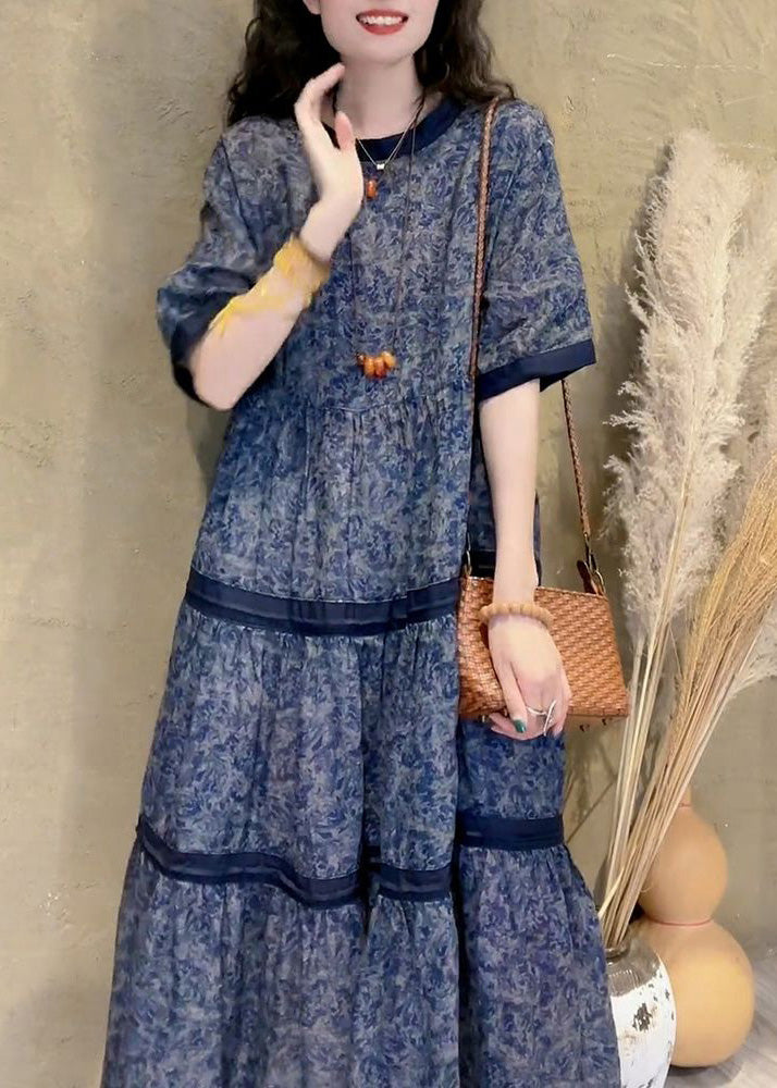 O-neck Print Patchwork Wrinkled Maxi Dress Summer
