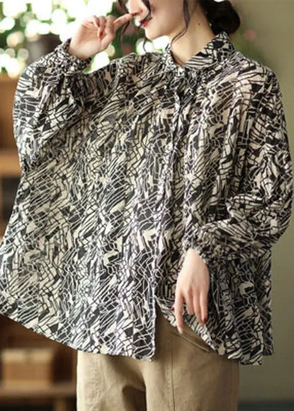 Loose Black Button Peter Pan Collar Print Shirt Spring