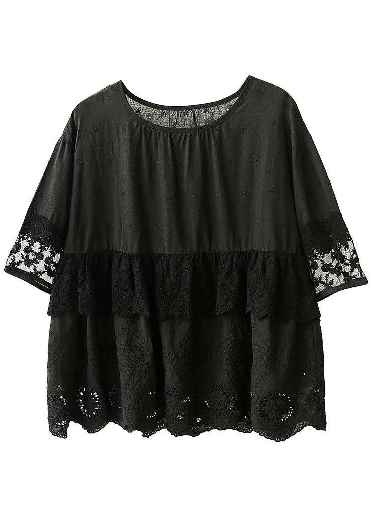 Black O-neck Lace Patchwork Fall Half Sleeve Blouse Tops