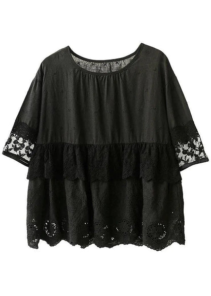Black O-neck Lace Patchwork Fall Half Sleeve Blouse Tops