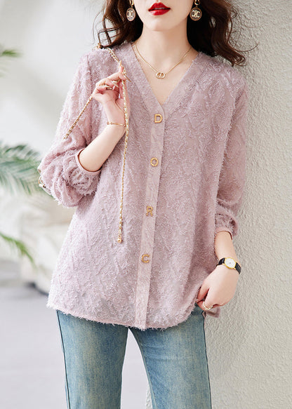 Beige V Neck Letter Cotton Blouses Spring
