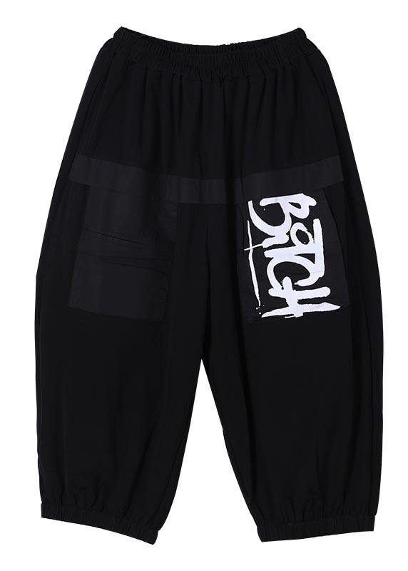 Simple Black Graphic Pockets Pants Summer Cotton