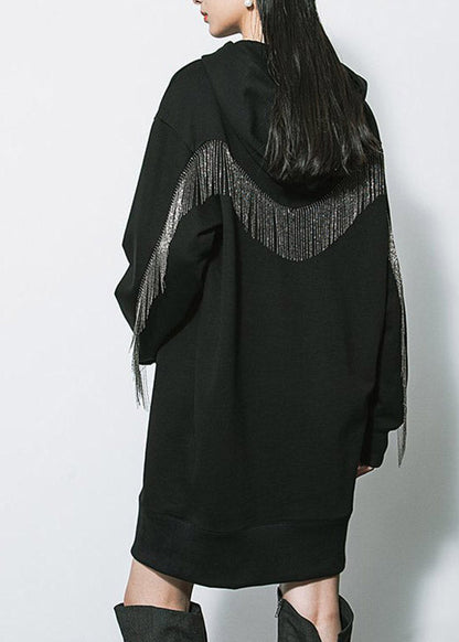 Black Patchwork Tassel Cotton Hooded Mid Dresses Fall