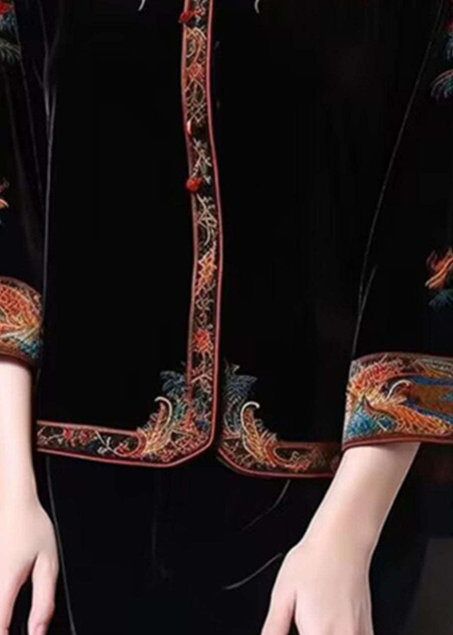 New Black Stand Collar Embroideried Patchwork Silk Velour Top Fall