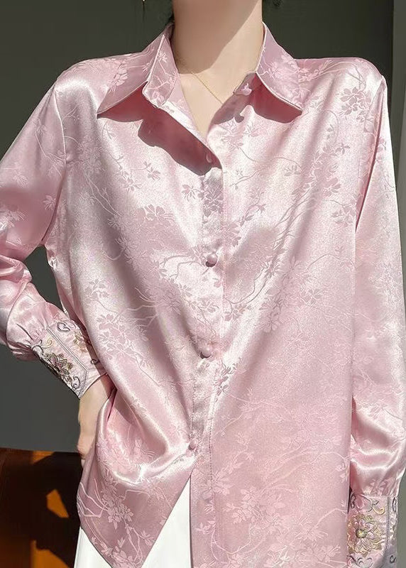 Fine Pink Peter Pan Collar Embroidered Silk Blouse Fall
