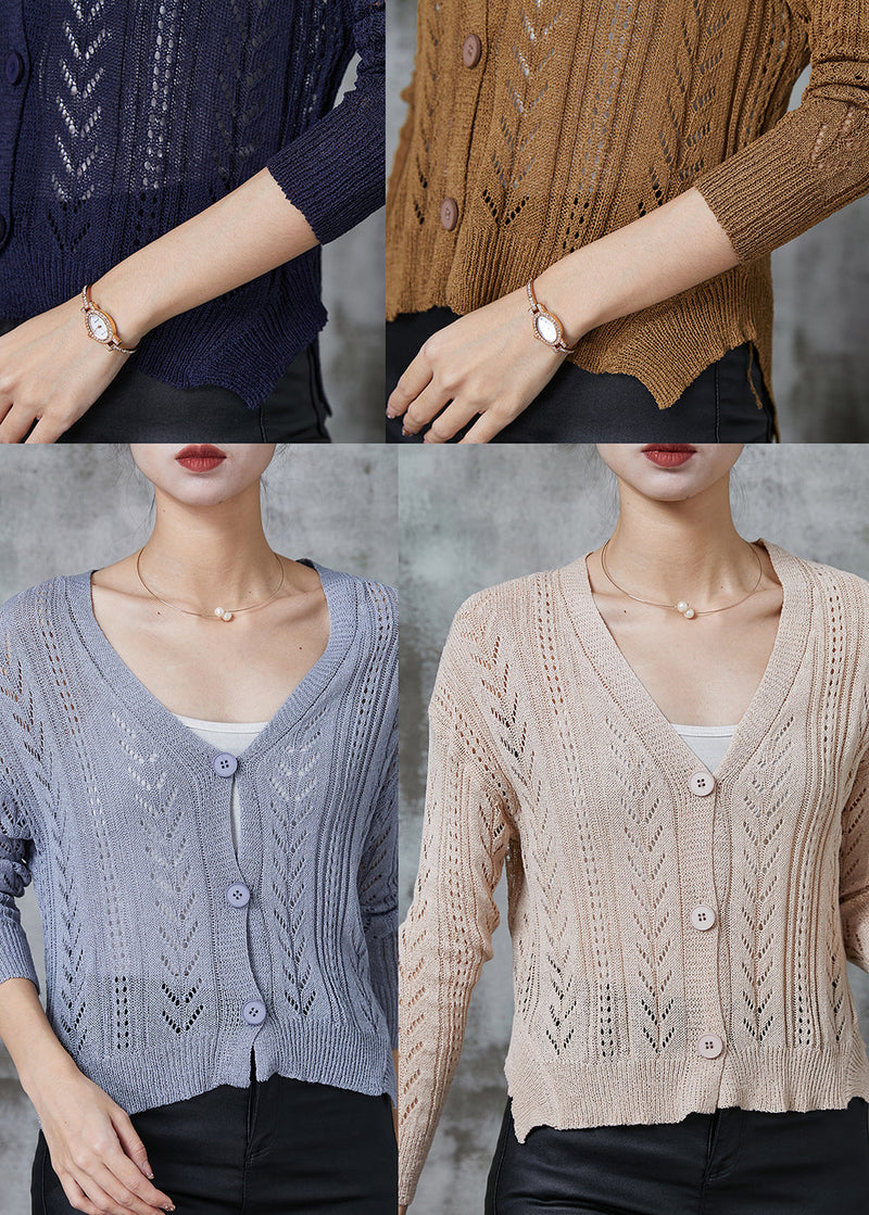 Coffee V Neck Hollow Out Knit Cardigans Spring
