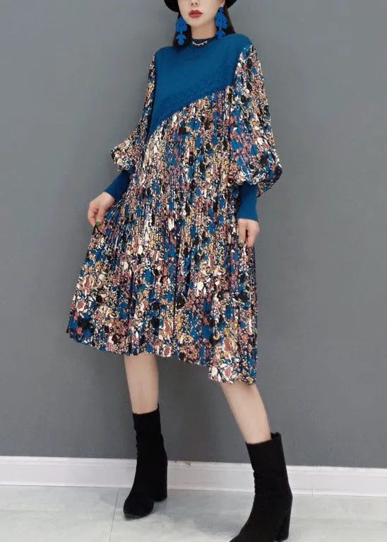 Boutique Blue O-neck Knit Patchwork Chiffon Holiday Dress Spring