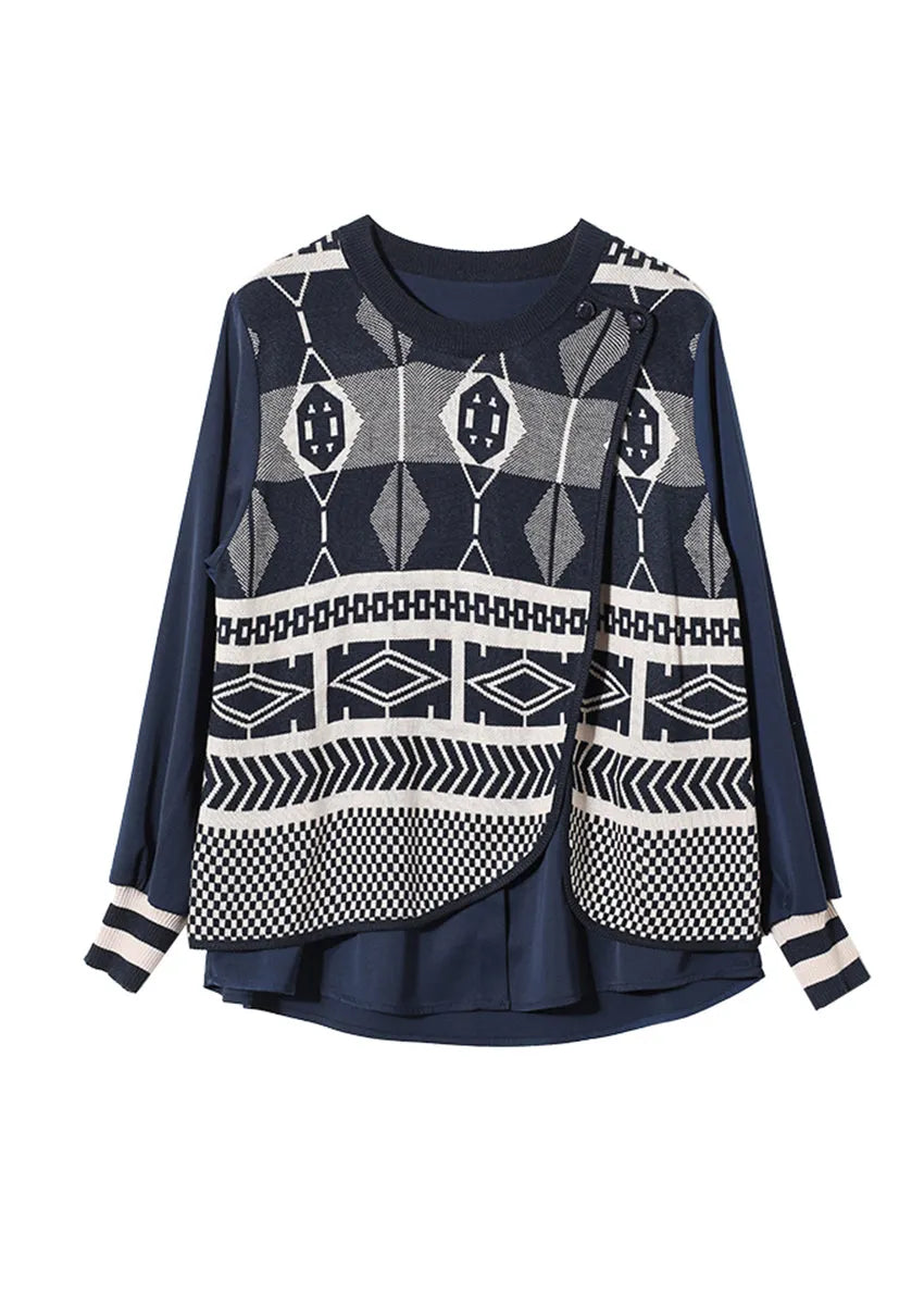 Blue O Neck False Two Pieces Patchwork Knit Top Fall