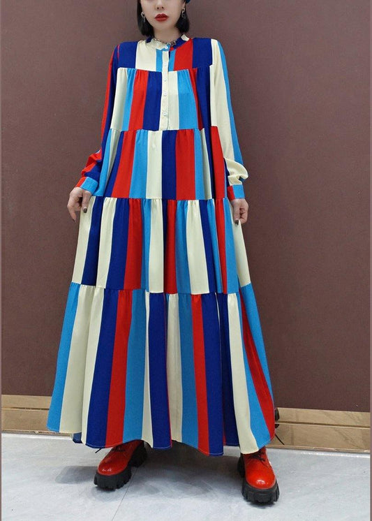 Vivid Stand Collar Patchwork Spring Clothes Ideas Multicolor Striped Kaftan Dresses