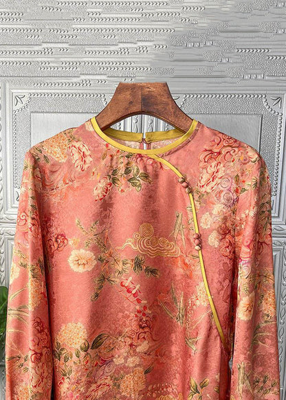 Chinese Style Print O-neck Patchwork Silk Tops Fall