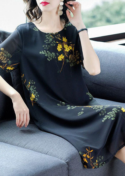 Modern Black O-neck Print Draping Chiffon Maxi Dresses Summer