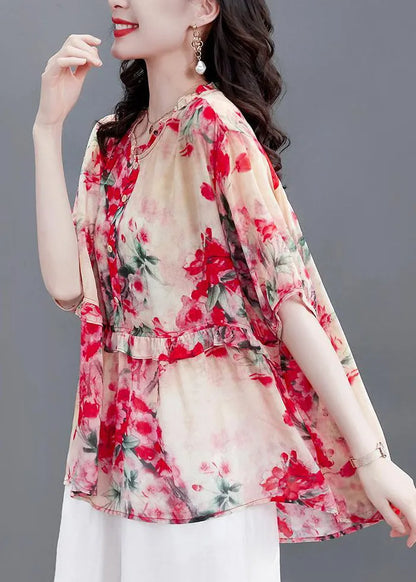 Modern Red Print O-neck Ruffled Chiffon Tops Half Sleeve
