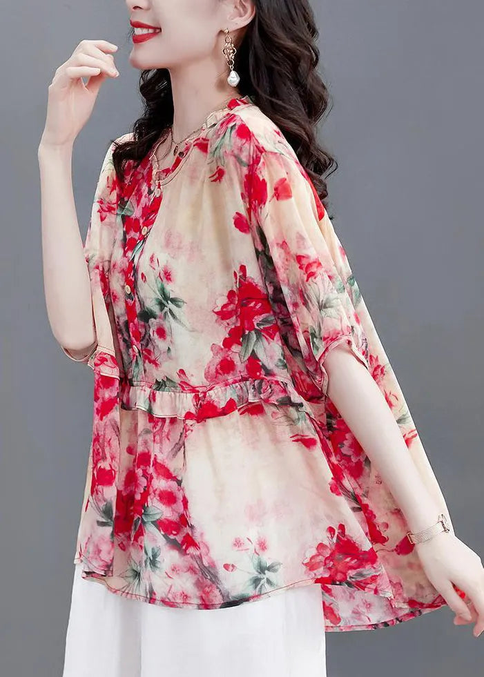 Modern Red Print O-neck Ruffled Chiffon Tops Half Sleeve