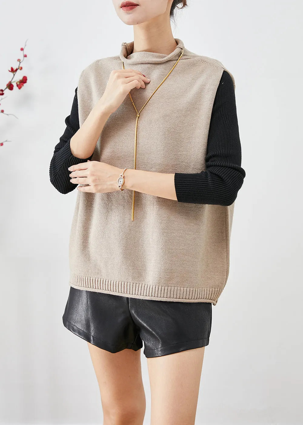Khaki Turtle Neck Thick Wool Knit Vests Winter