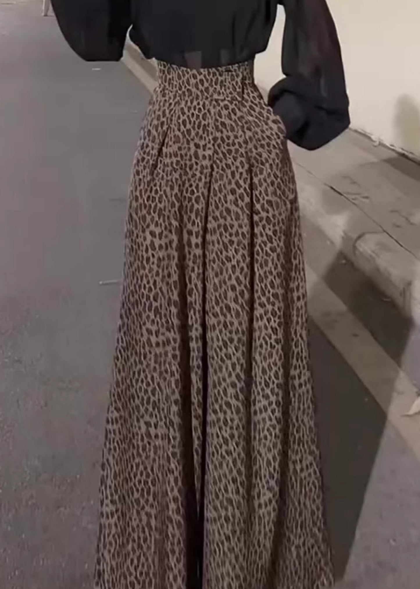 Leopard Pockets High Waist Cotton Wide Leg Pants Fall