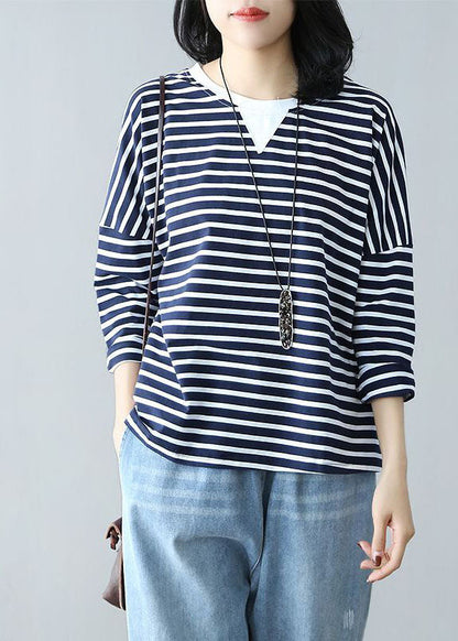 Navy Oversized Patchwork Striped Cotton Top Spring