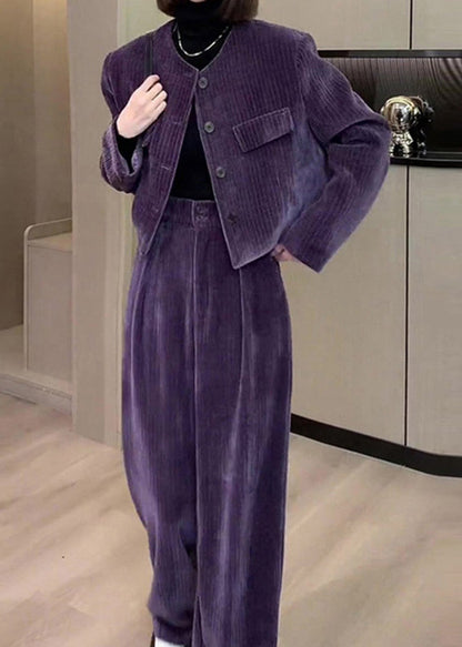 Modern Purple O-neck Button Silk Velour Coats and Wide Leg Pants Two Pieces Set Fall