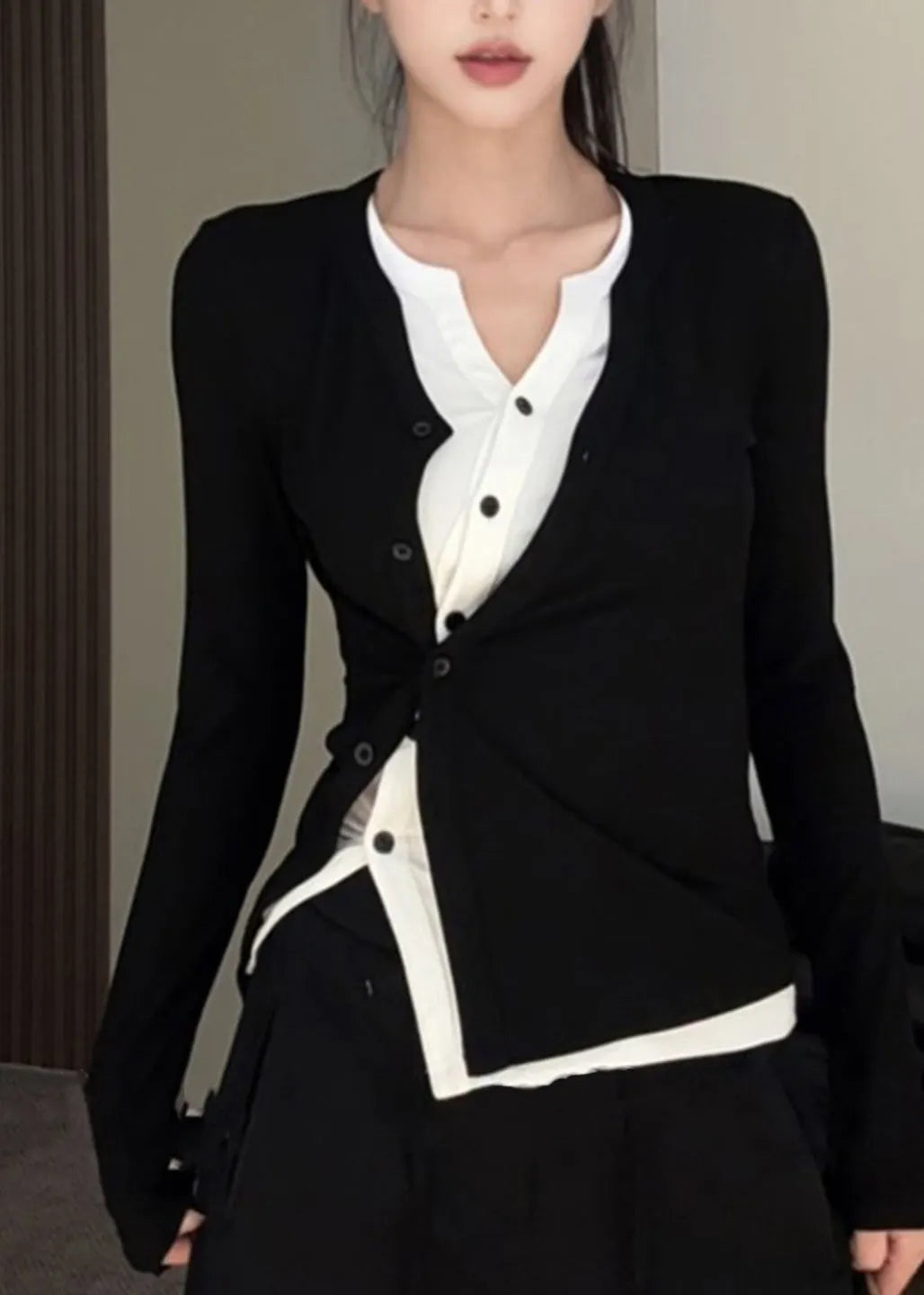 Black O-neck Asymmetrical Top Fake Two Pieces Fall