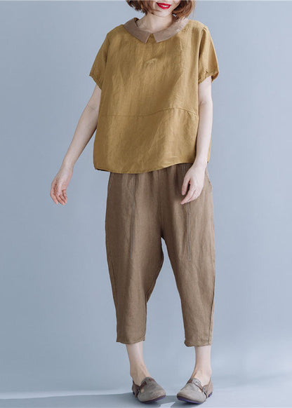 Khaki Peter Pan Collar Patchwork Linen Shirts Short Sleeve