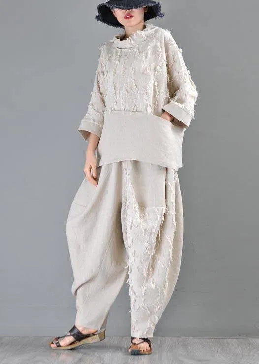 Boutique Beige Patchwork Batwing Sleeve Cotton Linen Top Summer