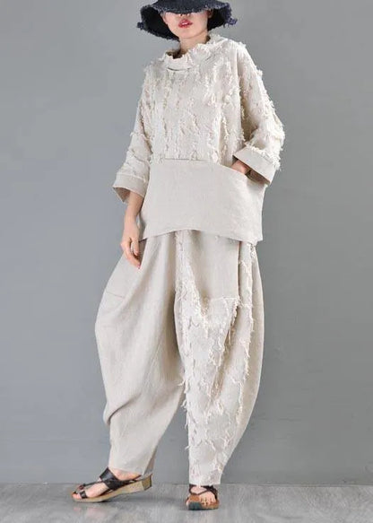 Boutique Beige Patchwork Batwing Sleeve Cotton Linen Top Summer