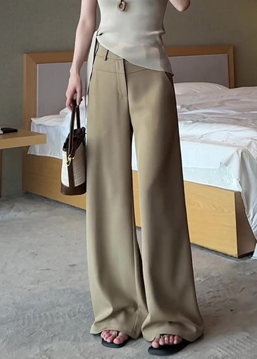 French Khaki Pockets High Waist Spandex Pants Fall