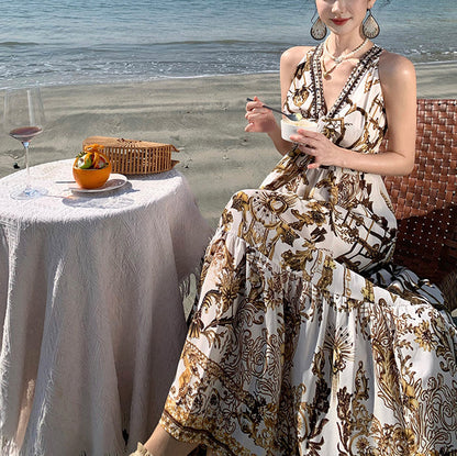 Brown Print Chiffon Beach Sundress Summer