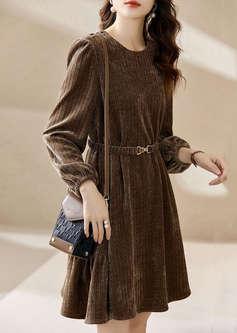 Coffee O Neck Sashes Patchwork Silk Velour Mid Dress Spring