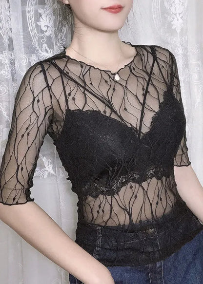 Black O Neck Hollow Out Tulle Top Summer