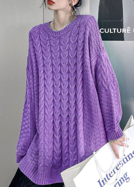 Purple O-neck Cable Knit Sweaters Loose Fall Sweater
