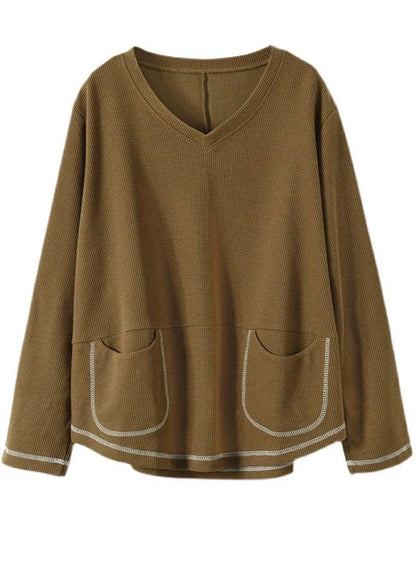 Black V Neck Pockets Patchwork Cotton Sweatshirts Top Long Sleeve