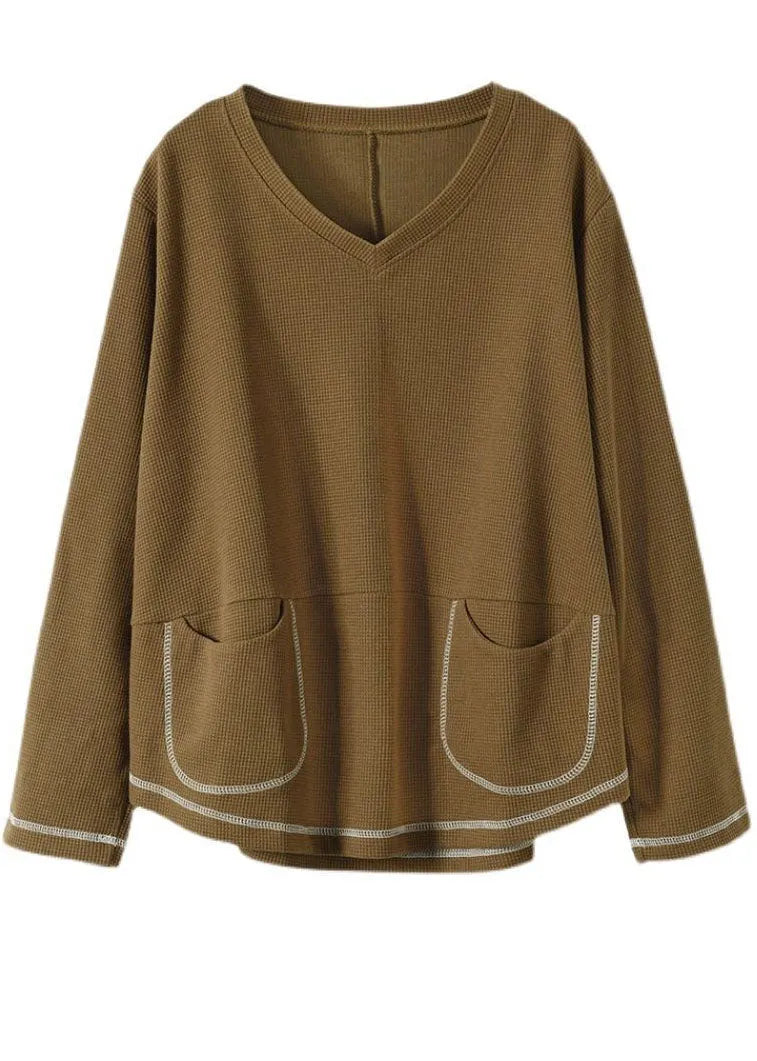 Black V Neck Pockets Patchwork Cotton Sweatshirts Top Long Sleeve
