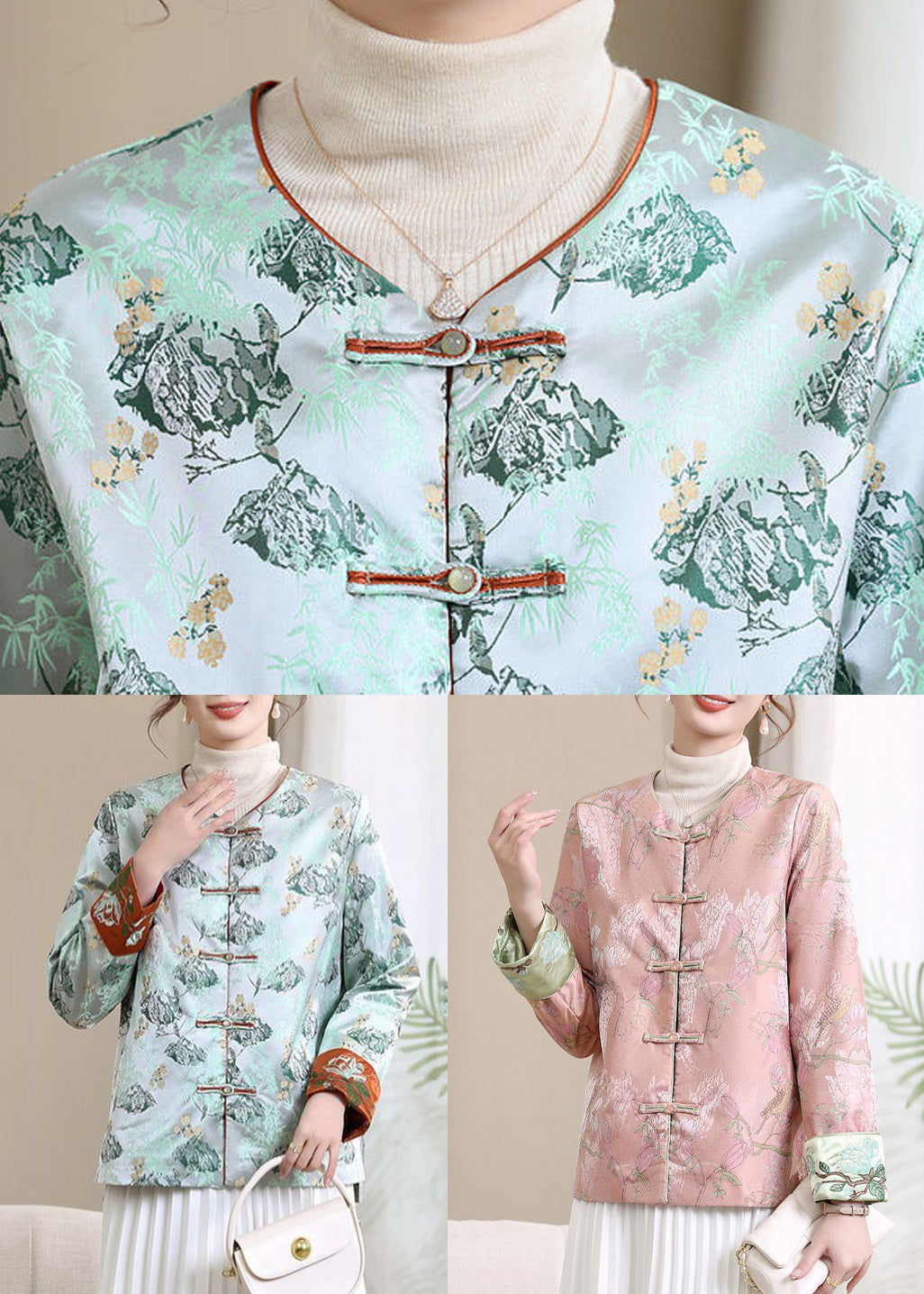 Pink Button Print Silk Coats V Neck Long Sleeve Fall