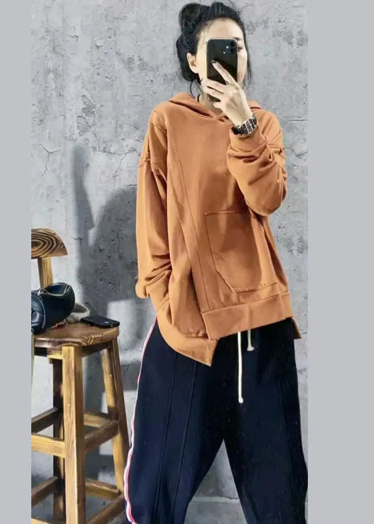 Yellow Asymmetrical Design Hooded Sweatshirts Spring