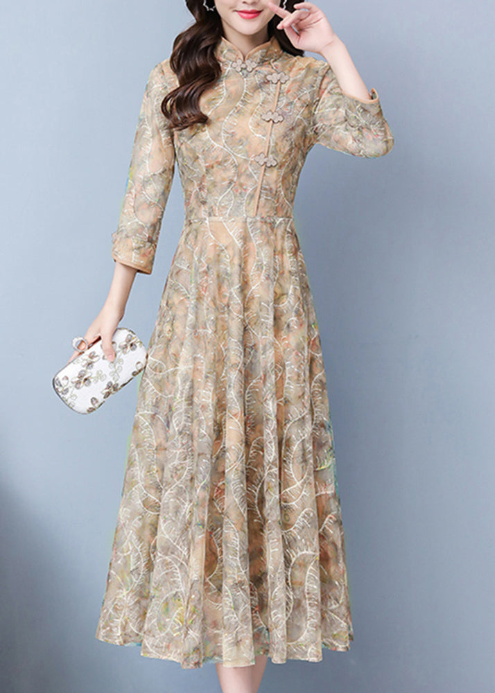 Khaki Print Exra Large Hem Lace Oriental Dresses Fall