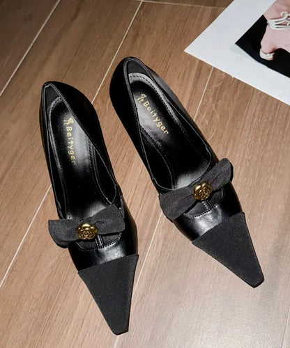 Black Sheepskin Splicing High Heels Bow Sequined