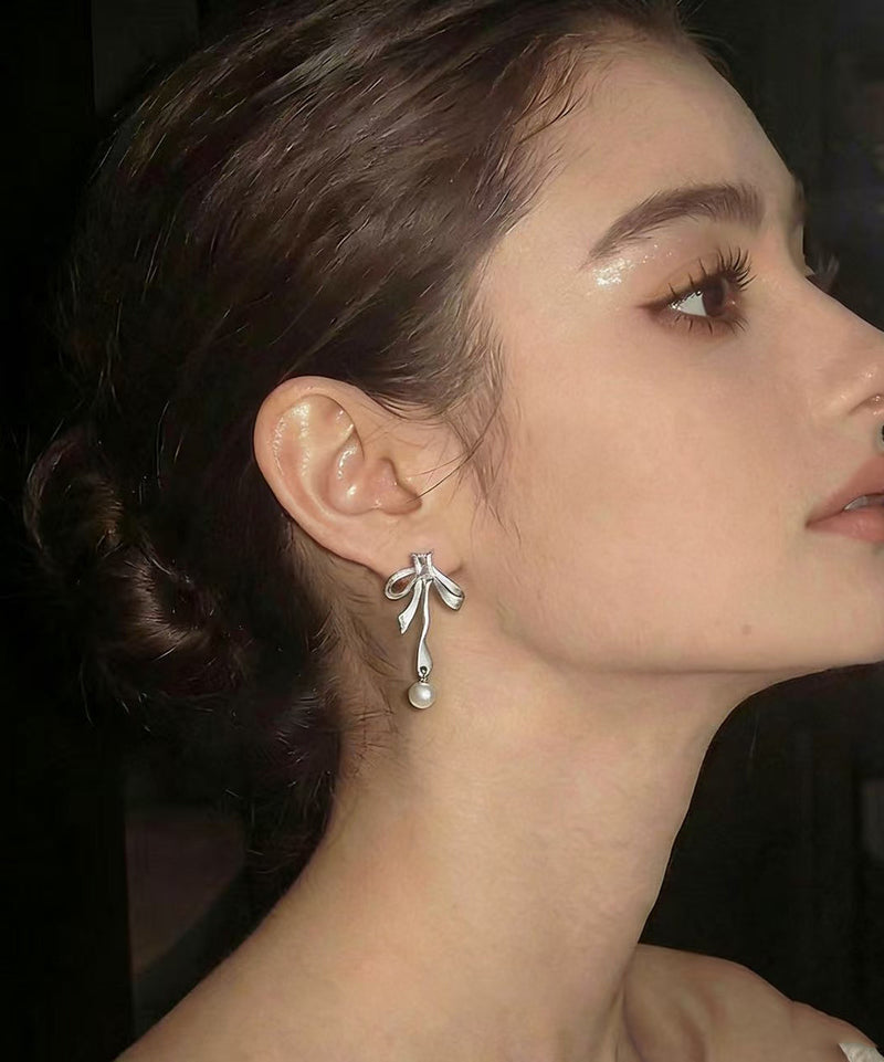 Silvery Bow Metal Pearl Pendant Fine Zircon Drop Earrings