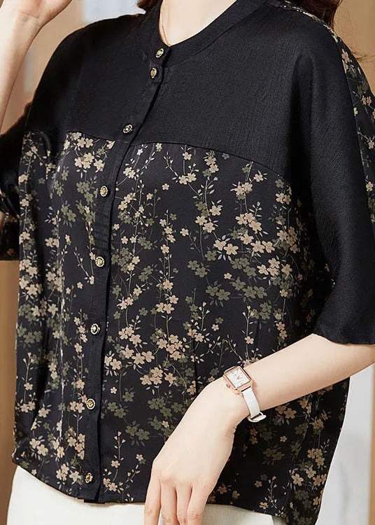 Small Print Patchwork Silk T Shirts O Neck Summer